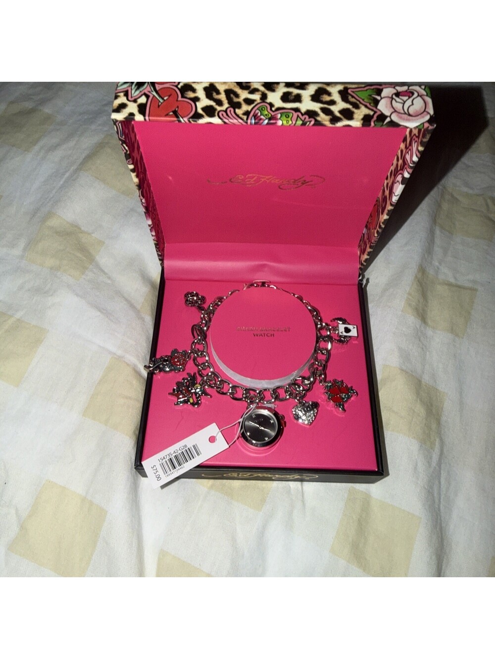 Ed Hardy Charm Bracelet Round Watch Black Silver Rhinestone Tattoo Design NWT